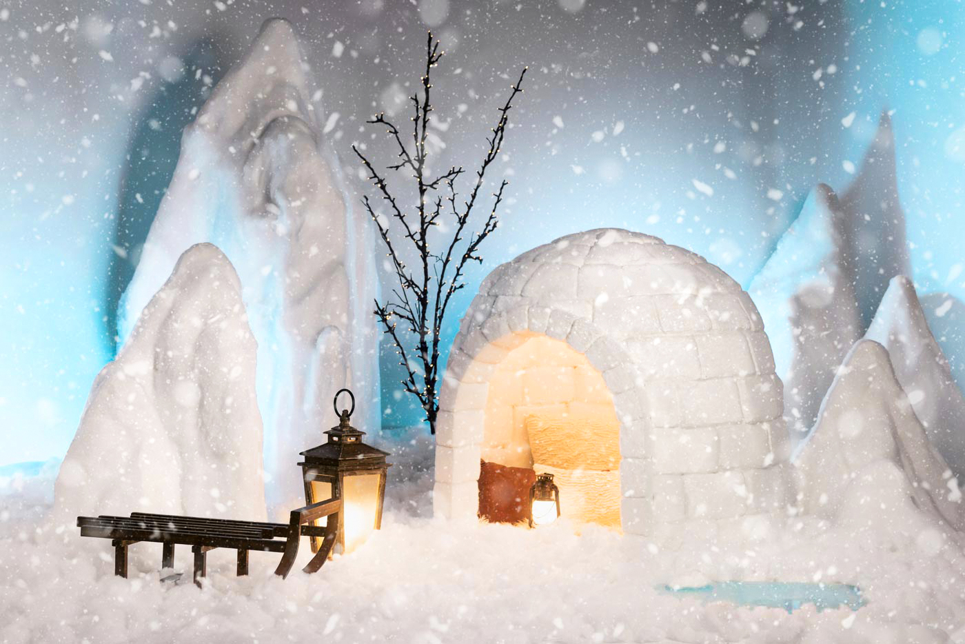 Decorado Refugio del Norte Decorado de iglú y nieve para sesiones de fotos de Navidad en Madrid